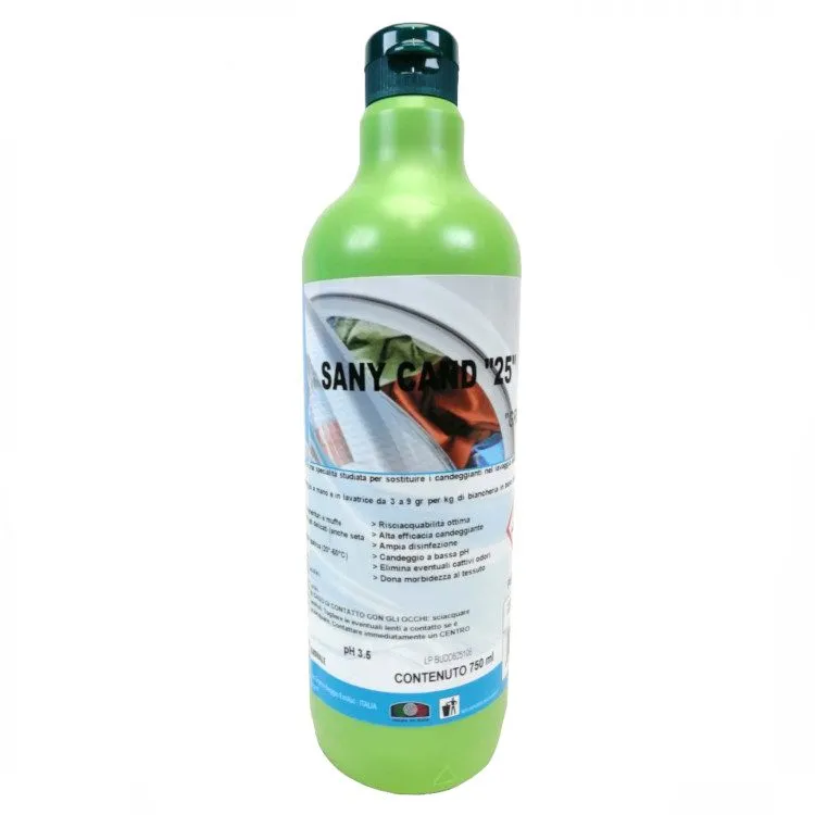 L'immagine mostra un flacone da 750 ml di Sany Cand 25 prodotto da Sepca, un additivo igienizzante per lavatrice ad effetto candeggiante professionale