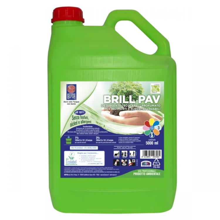 immagine mostra una tanica da 5 lt di Detergente per pavimenti industriali Brill Pav ecolabel
