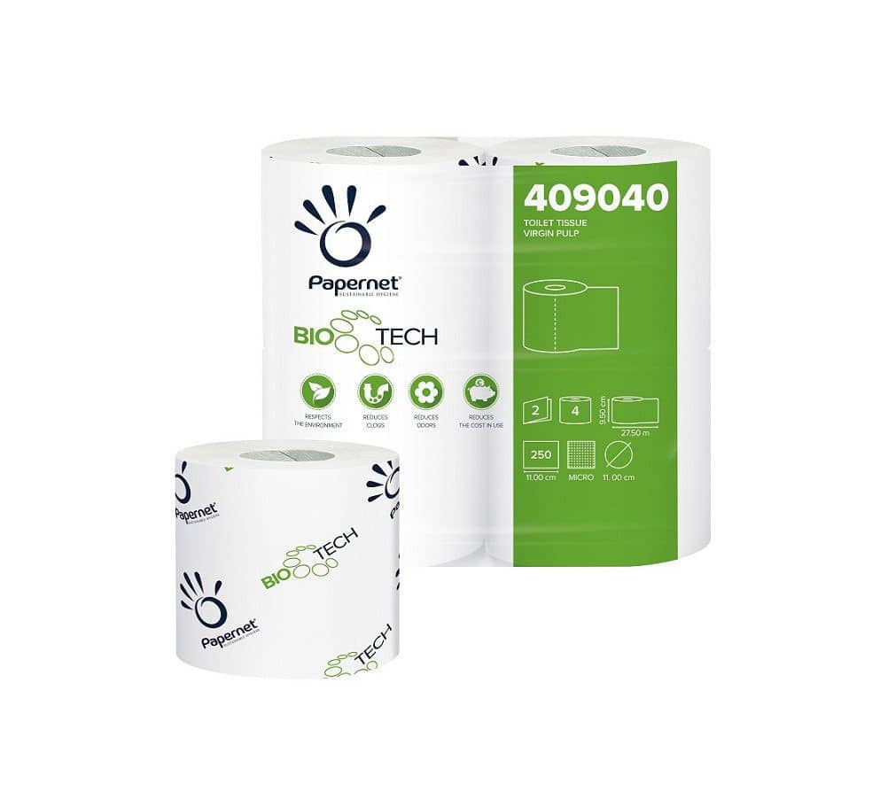 carta igienica biotech papernet ecologica biodegradabile ecolabel a rapida dissolvenza 4 rotoli l'immagine rappresenta la carta igienica biotech papernet ecologica biodegradabile, un rotolo fascettato in primmo piano ed una confezione da 4 in secondo