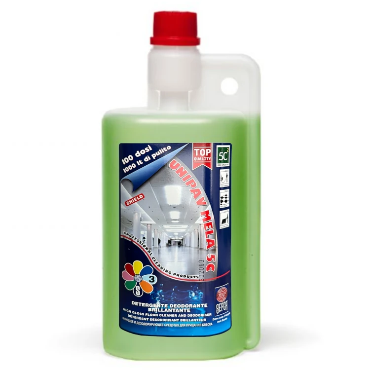 l'immagine mostra un flacone di Unipav mela Verde, lavapavimenti profumato concentrato 5 volte, fino a 20000 metri quadri di pulito con un solo flacone