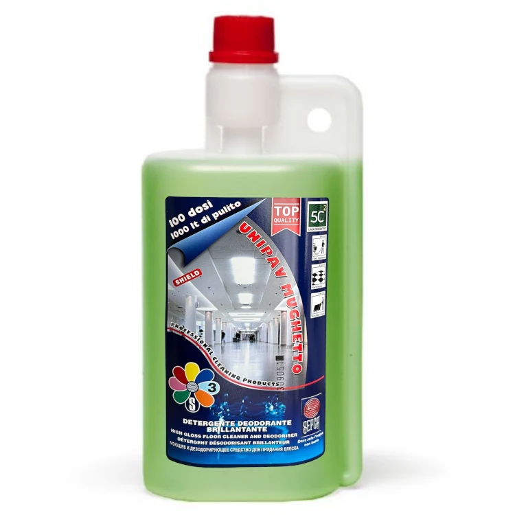 l'immagine rappresenta un flacone da un litro di Unipav mughetto, lavapavimenti superconcentrato, brillantante e deodorante