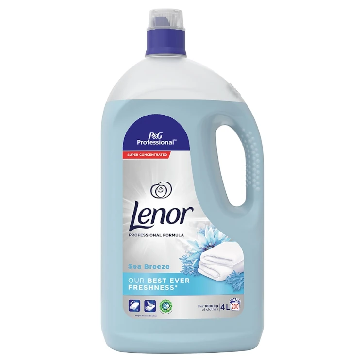 l'immagine mostra un flacone azzurro di lenor brezza marina da 4 litri un ammorbidente superconcentrato professionale
