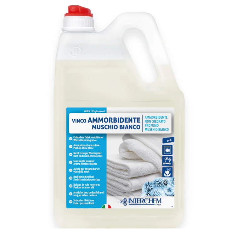 in questa immagine c'è una tanica da 5lt di Ammorbidente Vinco Muschio Bianco professionale