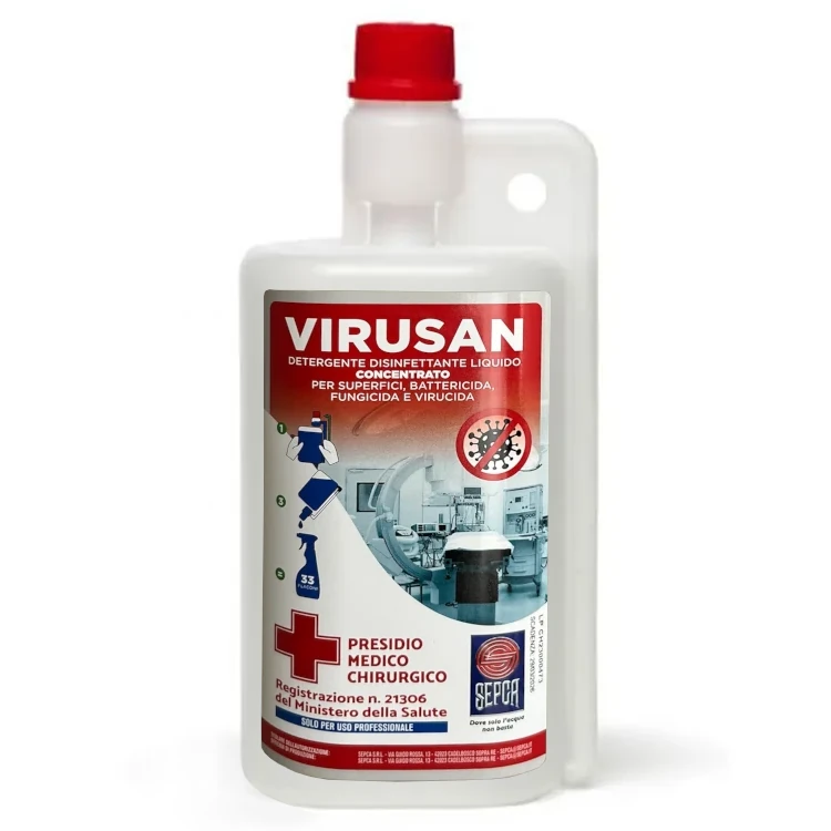 questa immagine rappresenta un flacone da 1 litro di Virusan, disinfettante concentrato per pavimenti e superfici, PMC.
